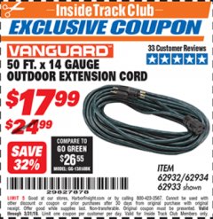 Harbor Freight ITC Coupon VANGUARD 50 FT. X 14 GAUGE OUTDOOR EXTENSION CORD Lot No. 60268 / 62932 / 62934 / 62933 Expired: 3/31/19 - $17.99