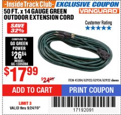 Harbor Freight ITC Coupon VANGUARD 50 FT. X 14 GAUGE OUTDOOR EXTENSION CORD Lot No. 60268 / 62932 / 62934 / 62933 Expired: 9/24/19 - $17.99