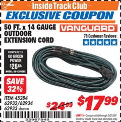 Harbor Freight ITC Coupon VANGUARD 50 FT. X 14 GAUGE OUTDOOR EXTENSION CORD Lot No. 60268 / 62932 / 62934 / 62933 Expired: 3/31/20 - $17.99
