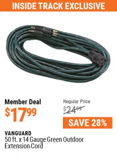 Harbor Freight Coupon VANGUARD 50 FT. X 14 GAUGE OUTDOOR EXTENSION CORD Lot No. 60268 / 62932 / 62934 / 62933 Expired: 7/1/21 - $17.99