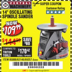 Harbor Freight Coupon 14" OSCILLATING SPINDLE SANDER Lot No. 69257/95088/62146 Expired: 8/9/19 - $109.99