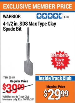 Harbor Freight ITC Coupon 4-1/2 IN SDS MAX TYPE CLAY SPADE BIT Lot No. 60414 Expired: 10/31/20 - $29.99