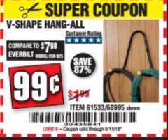 Harbor Freight Coupon V-SHAPE HANG-ALL Lot No. 38442/61430/61533/68995 Expired: 9/11/18 - $0.99