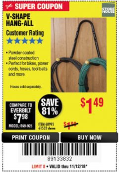 Harbor Freight Coupon V-SHAPE HANG-ALL Lot No. 38442/61430/61533/68995 Expired: 11/18/18 - $1.49