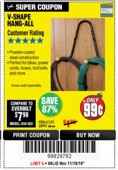 Harbor Freight Coupon V-SHAPE HANG-ALL Lot No. 38442/61430/61533/68995 Expired: 11/18/18 - $0.99