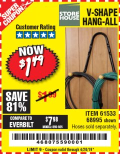 Harbor Freight Coupon V-SHAPE HANG-ALL Lot No. 38442/61430/61533/68995 Expired: 4/20/19 - $1.49