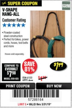 Harbor Freight Coupon V-SHAPE HANG-ALL Lot No. 38442/61430/61533/68995 Expired: 3/31/19 - $1.49