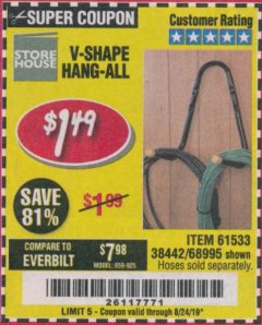Harbor Freight Coupon V-SHAPE HANG-ALL Lot No. 38442/61430/61533/68995 Expired: 8/24/19 - $1.49