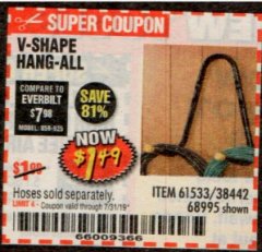 Harbor Freight Coupon V-SHAPE HANG-ALL Lot No. 38442/61430/61533/68995 Expired: 7/31/19 - $1.49