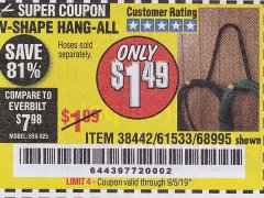 Harbor Freight Coupon V-SHAPE HANG-ALL Lot No. 38442/61430/61533/68995 Expired: 8/14/19 - $1.49