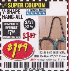 Harbor Freight Coupon V-SHAPE HANG-ALL Lot No. 38442/61430/61533/68995 Expired: 6/30/19 - $1.49