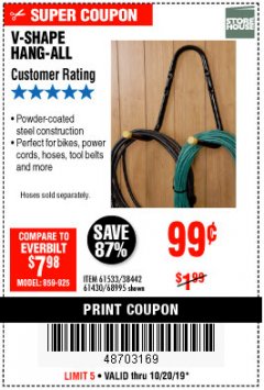 Harbor Freight Coupon V-SHAPE HANG-ALL Lot No. 38442/61430/61533/68995 Expired: 10/20/19 - $0.99