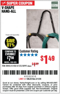Harbor Freight Coupon V-SHAPE HANG-ALL Lot No. 38442/61430/61533/68995 Expired: 3/1/20 - $1.49