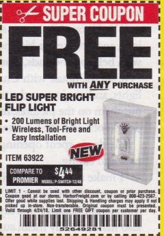 Harbor Freight FREE Coupon 200 LUMEN LED SUPER-BRIGHT FLIP LIGHT Lot No. 64723/63922 Expired: 4/24/18 - FWP