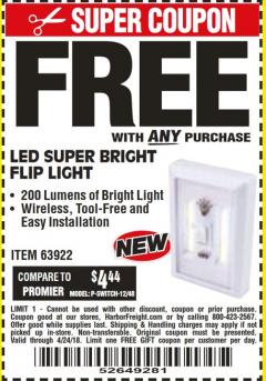 Harbor Freight FREE Coupon 200 LUMEN LED SUPER-BRIGHT FLIP LIGHT Lot No. 64723/63922 Expired: 4/24/18 - FWP