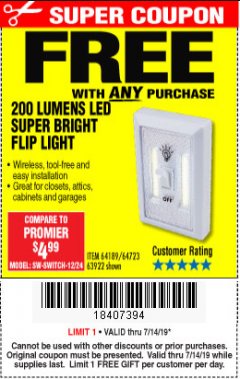 Harbor Freight FREE Coupon LED SUPER BRIGHT FLIP LIGHT Lot No. 64723/63922/64189 Expired: 7/14/19 - FWP