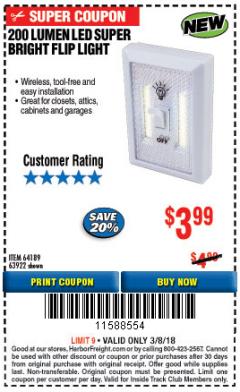 Harbor Freight ITC Coupon 200 LUMEN LED SUPER-BRIGHT FLIP LIGHT Lot No. 64723/63922 Expired: 3/8/18 - $3.99