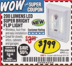 Harbor Freight Coupon LED SUPER BRIGHT FLIP LIGHT Lot No. 64723/63922/64189 Expired: 5/31/18 - $1.99