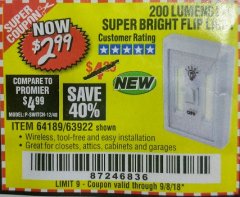 Harbor Freight Coupon LED SUPER BRIGHT FLIP LIGHT Lot No. 64723/63922/64189 Expired: 9/8/18 - $2.99