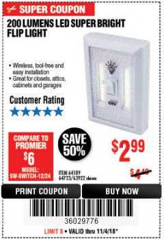 Harbor Freight Coupon 200 LUMEN LED SUPER-BRIGHT FLIP LIGHT Lot No. 64723/63922 Expired: 11/4/18 - $2.99