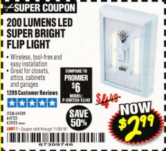 Harbor Freight Coupon 200 LUMEN LED SUPER-BRIGHT FLIP LIGHT Lot No. 64723/63922 Expired: 11/30/18 - $2.99
