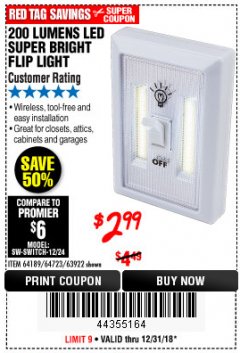 Harbor Freight Coupon 200 LUMEN LED SUPER-BRIGHT FLIP LIGHT Lot No. 64723/63922 Expired: 12/31/18 - $2.99