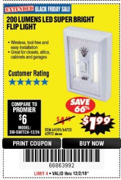Harbor Freight Coupon 200 LUMEN LED SUPER-BRIGHT FLIP LIGHT Lot No. 64723/63922 Expired: 12/2/18 - $1.99
