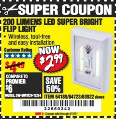 Harbor Freight Coupon LED SUPER BRIGHT FLIP LIGHT Lot No. 64723/63922/64189 Expired: 4/1/19 - $2.99