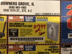 Harbor Freight Coupon LED SUPER BRIGHT FLIP LIGHT Lot No. 64723/63922/64189 Expired: 3/23/19 - $2.99