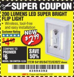 Harbor Freight Coupon LED SUPER BRIGHT FLIP LIGHT Lot No. 64723/63922/64189 Expired: 5/11/19 - $2.99