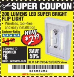 Harbor Freight Coupon 200 LUMEN LED SUPER-BRIGHT FLIP LIGHT Lot No. 64723/63922 Expired: 5/11/19 - $2.99