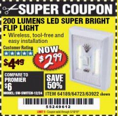 Harbor Freight Coupon LED SUPER BRIGHT FLIP LIGHT Lot No. 64723/63922/64189 Expired: 5/18/19 - $2.99