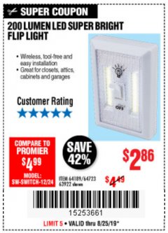 Harbor Freight Coupon 200 LUMEN LED SUPER-BRIGHT FLIP LIGHT Lot No. 64723/63922 Expired: 8/25/19 - $2.86