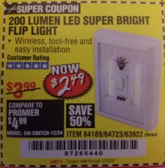 Harbor Freight Coupon LED SUPER BRIGHT FLIP LIGHT Lot No. 64723/63922/64189 Expired: 2/20/20 - $2.49