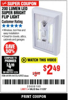Harbor Freight Coupon LED SUPER BRIGHT FLIP LIGHT Lot No. 64723/63922/64189 Expired: 1/1/20 - $2.49