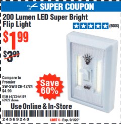 Harbor Freight Coupon LED SUPER BRIGHT FLIP LIGHT Lot No. 64723/63922/64189 Expired: 9/1/20 - $1.99