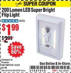Harbor Freight Coupon LED SUPER BRIGHT FLIP LIGHT Lot No. 64723/63922/64189 Expired: 3/23/21 - $1.99