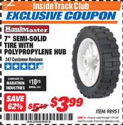 Harbor Freight ITC Coupon 7" SEMI-SOLID TIRE WITH POLYPROPYLENE HUB Lot No. 98951 Expired: 1/31/20 - $3.99
