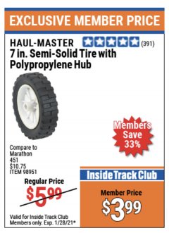 Harbor Freight ITC Coupon 7" SEMI-SOLID TIRE WITH POLYPROPYLENE HUB Lot No. 98951 Expired: 1/28/21 - $3.99