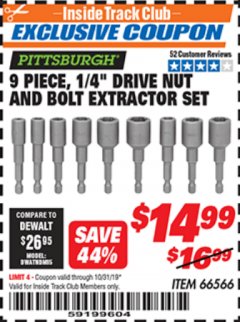 Harbor Freight ITC Coupon 9 PIECE 1/4" DRIVE NUT AND BOLT EXTRACTOR SET Lot No. 66566 Expired: 10/31/19 - $14.99