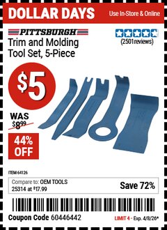 Harbor Freight Coupon PITTSBURGH TRIM AND MOLDING TOOL SET, 5-PIECE Lot No. 64126 Valid Thru: 4/8/26 - $5
