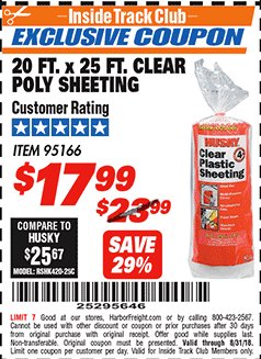 Harbor Freight ITC Coupon 20 FT. X 25 FT. CLEAR POLY SHEETING Lot No. 95166 Expired: 8/31/18 - $17.99
