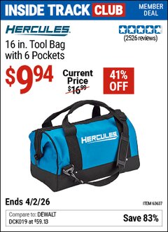 Harbor Freight ITC Coupon HERCULES 16 IN. TOOL BAG WITH 6 POCKETS Lot No. 63637 Dates Valid: 12/31/69 - 4/2/26 - $9.94