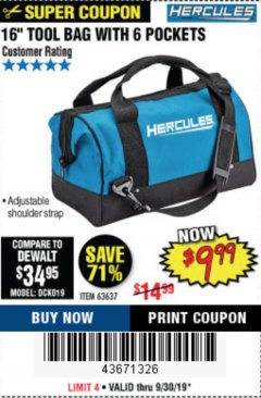 Harbor Freight Coupon HERCULES 16 IN. TOOL BAG Lot No. 63637 Expired: 9/30/19 - $9.99