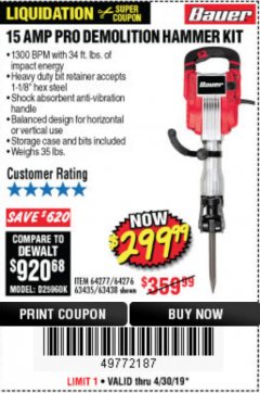 Harbor Freight Coupon 15 AMP PRO DEMOLITION HAMMER KIT Lot No. 63435/63438 Expired: 4/30/19 - $299.99