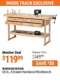 Harbor Freight ITC Coupon 60", 4 DRAWER HARDWOOD WORKBENCH Lot No. 63395/93454/69054/62603 Expired: 5/31/21 - $119.99