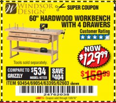 Harbor Freight Coupon 60", 4 DRAWER HARDWOOD WORKBENCH Lot No. 63395/93454/69054/62603 Expired: 10/8/18 - $129.99