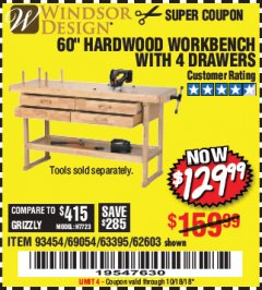 Harbor Freight Coupon 60", 4 DRAWER HARDWOOD WORKBENCH Lot No. 63395/93454/69054/62603 Expired: 10/18/18 - $129.99