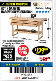 Harbor Freight Coupon 60", 4 DRAWER HARDWOOD WORKBENCH Lot No. 63395/93454/69054/62603 Expired: 8/31/18 - $129.99