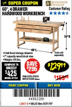Harbor Freight Coupon 60", 4 DRAWER HARDWOOD WORKBENCH Lot No. 63395/93454/69054/62603 Expired: 8/31/18 - $129.99